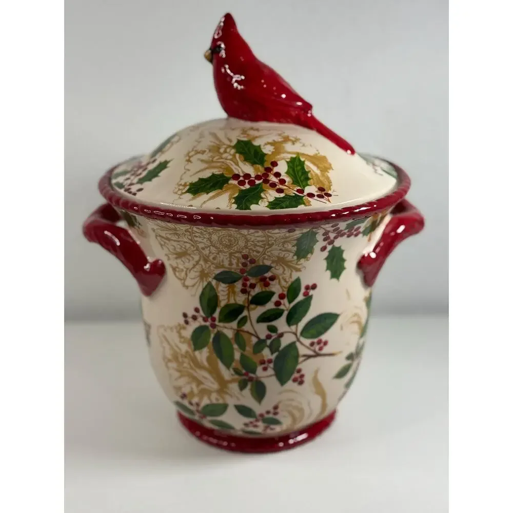 NWT Hobby Lobby Sleigh Bell Bistro Christmas Ceramic Lidded Jar, Cardinal Bird